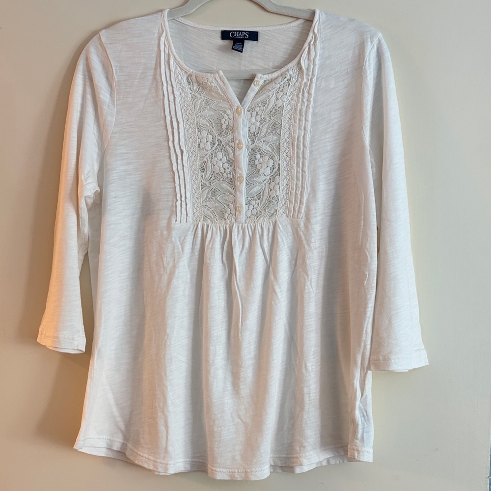 Chaps Women’s White Lace-Front Peasant 3/4 Sleeve Lightweight Top, size L